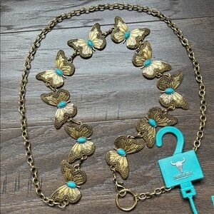American Bison Goldtone chain belt, butterflies with faux turquoise stones